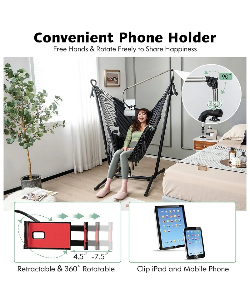 Gymax Hammock Chair with Stand Phone Holder Adjustable Swing Indoor & Outdoor Use