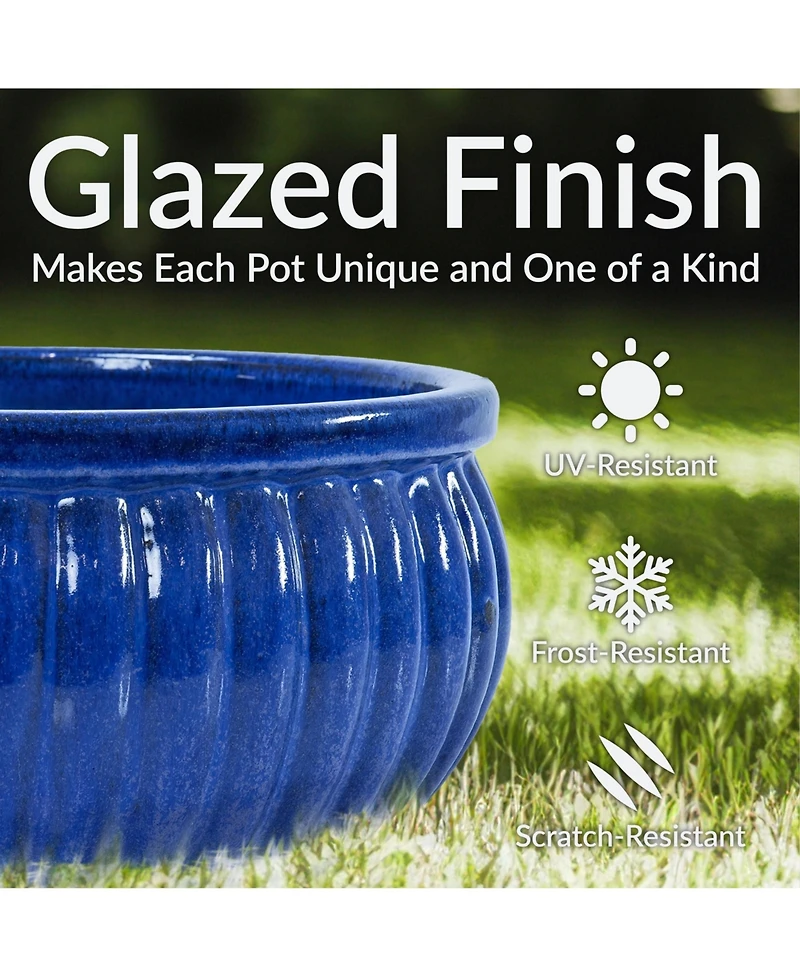 Sunnydaze Decor Ceramic Ribbed Planter Bowl - Imperial Blue - 14.5" Round