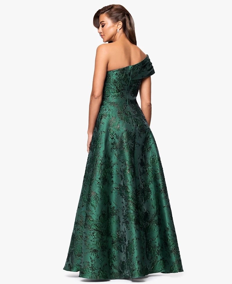 Xscape Petite One-Shoulder Jacquard Ball Gown