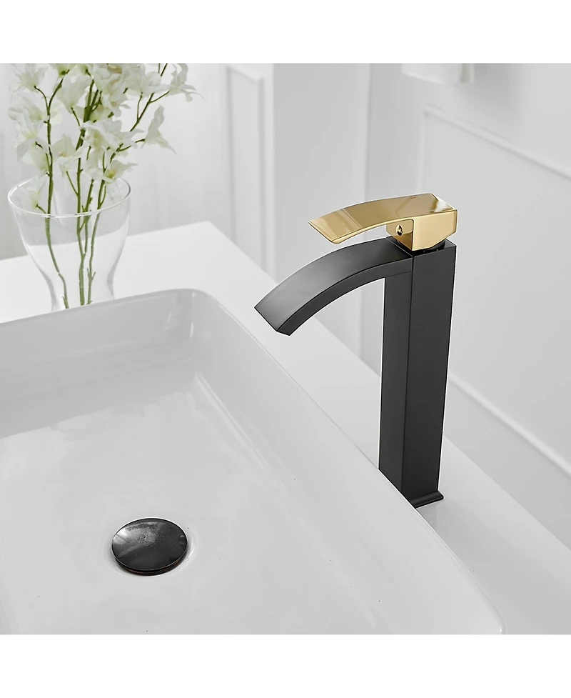 Greenspring Waterfall Single Hole Handle Bathroom Vessel Sink Faucet With Pop Up Drain Without Overflow Matte Black & Gold