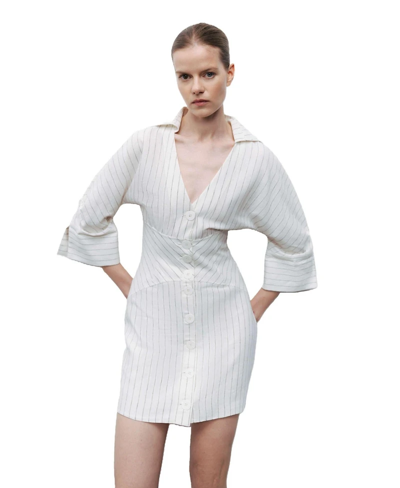 Nocturne Women's Corset-Inspired Linen Blend Striped Shirt Dress