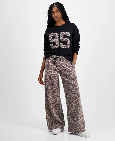 Madden Girl Juniors' Wide-Leg Leopard-Print Sweatpants