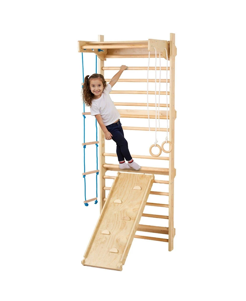 Slickblue Kids Indoor Playground 5 in 1 Wooden Wall Gym with Swedish Ladder and Slide