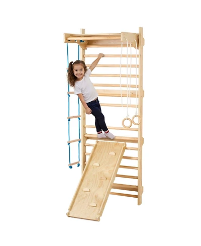 Slickblue Kids Indoor Playground 5 in 1 Wooden Wall Gym with Swedish Ladder and Slide