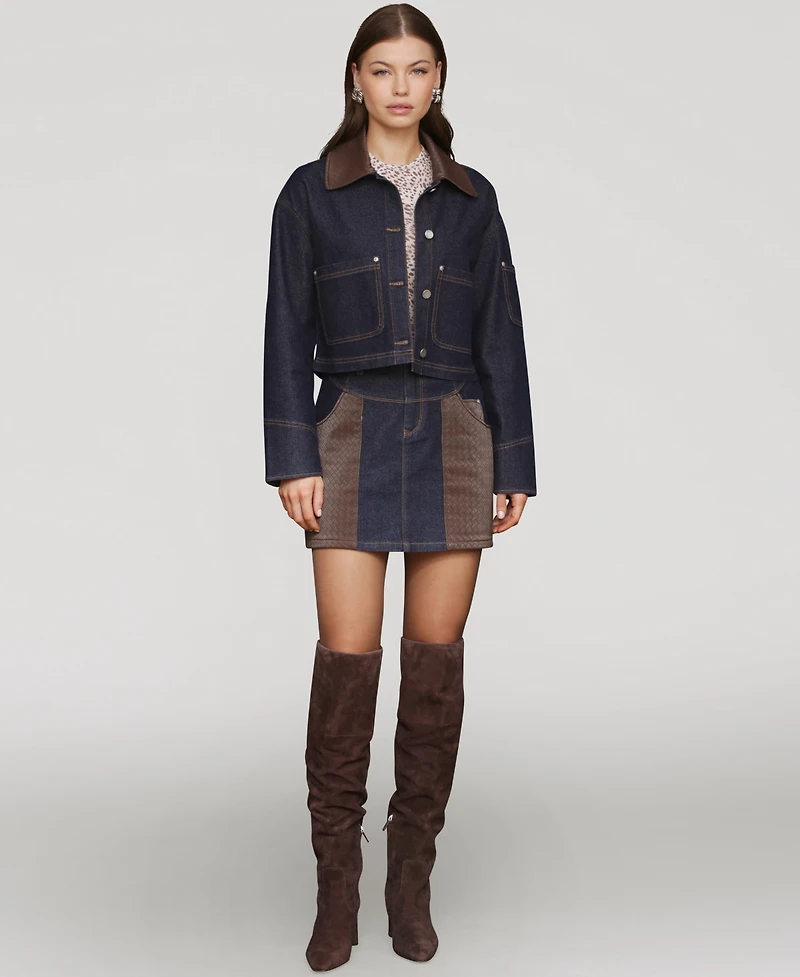 Avec Les Filles Women's Faux-Collar Crop Trucker Jacket