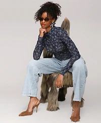Avec Les Filles Women's Printed Mesh Mock Neck Ruched Top