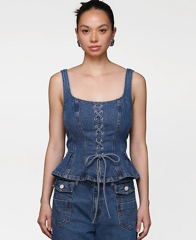 Avec Les Filles Women's Denim Lace-Up Peplum Top