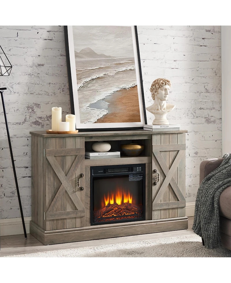 American retro Console Cabinet with 18" Electric Fireplace Insert with Open and Closed Storage Space