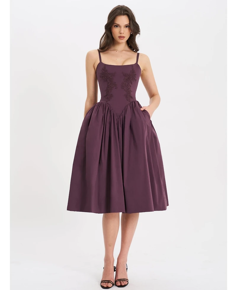 Miss Circle Women's Oakleigh Blackberry Purple Cotton Lace-up Back Midi Dress