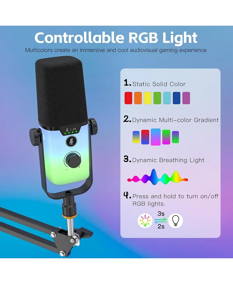 ZealSound Usb Gaming Microphone Pc Mic w/ Rgb for Streaming, Podcast, Vocal Recording, Asmr, Noise Cancellation, Mute Button, Gain Knob, Desktop Arm