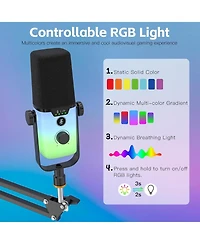 ZealSound Usb Gaming Microphone Pc Mic w/ Rgb for Streaming, Podcast, Vocal Recording, Asmr, Noise Cancellation, Mute Button, Gain Knob, Desktop Arm