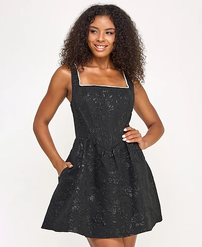 City Studios Juniors' Metallic Jacquard Fit & Flare Dress