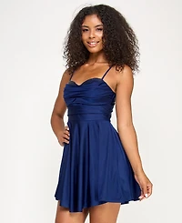 City Studios Juniors' Satin Sweetheart Rhinestone Trim Neckline Fit & Flare Dress