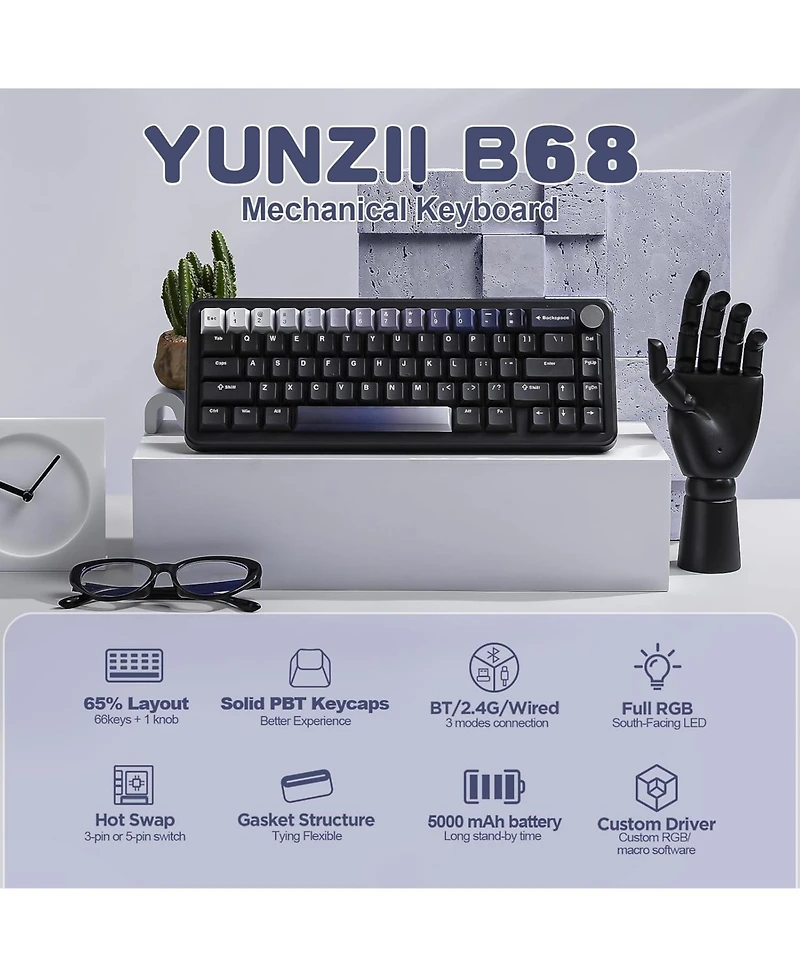 Yunzii B68 Wireless Mechanical Keyboard,Tri-Mode BT5.0/2.4GHz/Usb-c,Cute Pbt Keycaps,Hot Swappable Creamy Typing Gasket (Cocoa Cream V2 Switch)