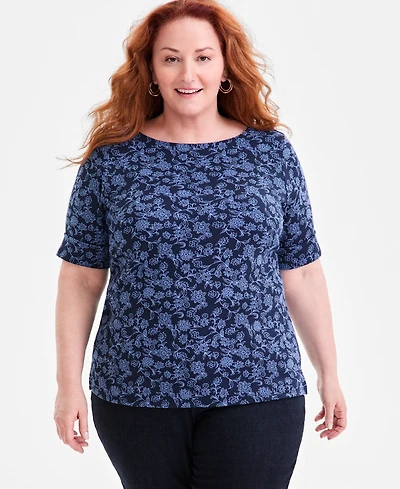 Style & Co Plus Size Printed Elbow-Sleeve Knit Top, Macy's Exclusive