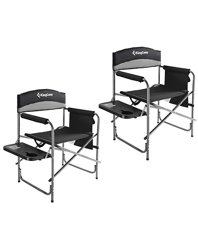 KingCamp Padded Outdoor Folding Chair with Table & Pockets, Black/Grey (2 Pack)