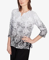 Alfred Dunner Women's Ombre Scroll Split Beaded Neck Top