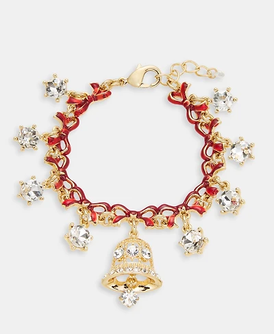 Holiday Lane Gold-Tone Red Bow Crystal Bell Flex Bracelet