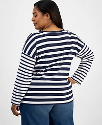 Style & Co Plus Button-Trim Striped Knit Top, Macy's Exclusive