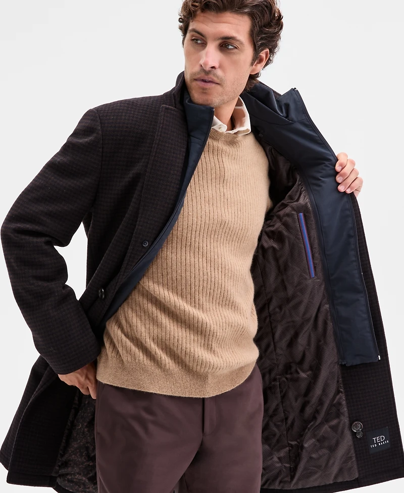 Ted by Baker Men's Classic-Fit Brown Navy Houndstooth Check Overcoat