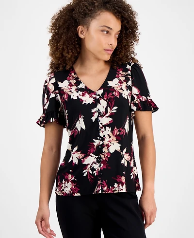 Ak Anne Klein Petite Ruffled-Sleeve Floral-Print Blouse