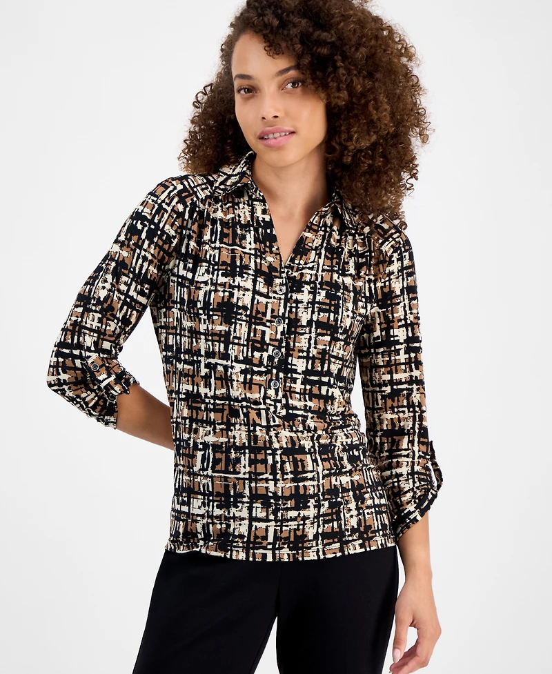 Ak Anne Klein Petite Printed 3/4-Sleeve Roll-Tab Collared Top