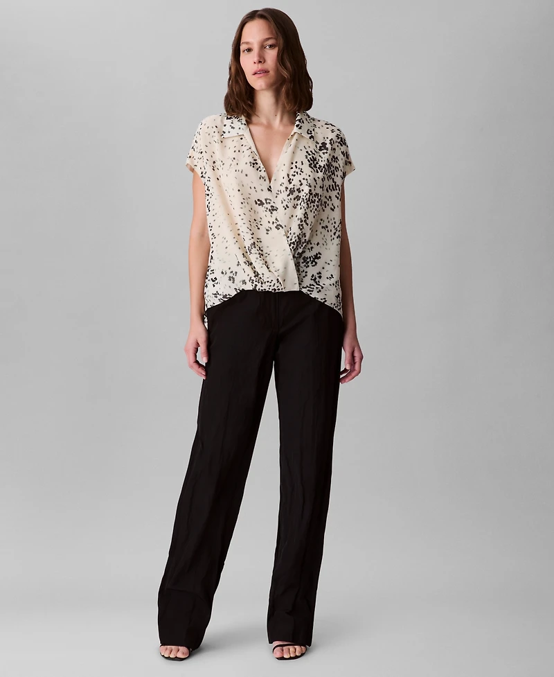 Calvin Klein Women's Printed Chiffon Faux-Wrap Cap-Sleeve Top