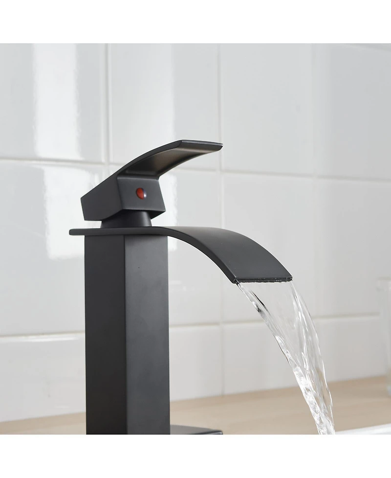 Greenspring Waterfall Single Handle Hole Low-Arc Bathroom Faucet Drip-Free Vanity Sink Matte Black & Gold