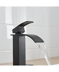 Greenspring Waterfall Single Handle Hole Low-Arc Bathroom Faucet Drip-Free Vanity Sink Matte Black & Gold