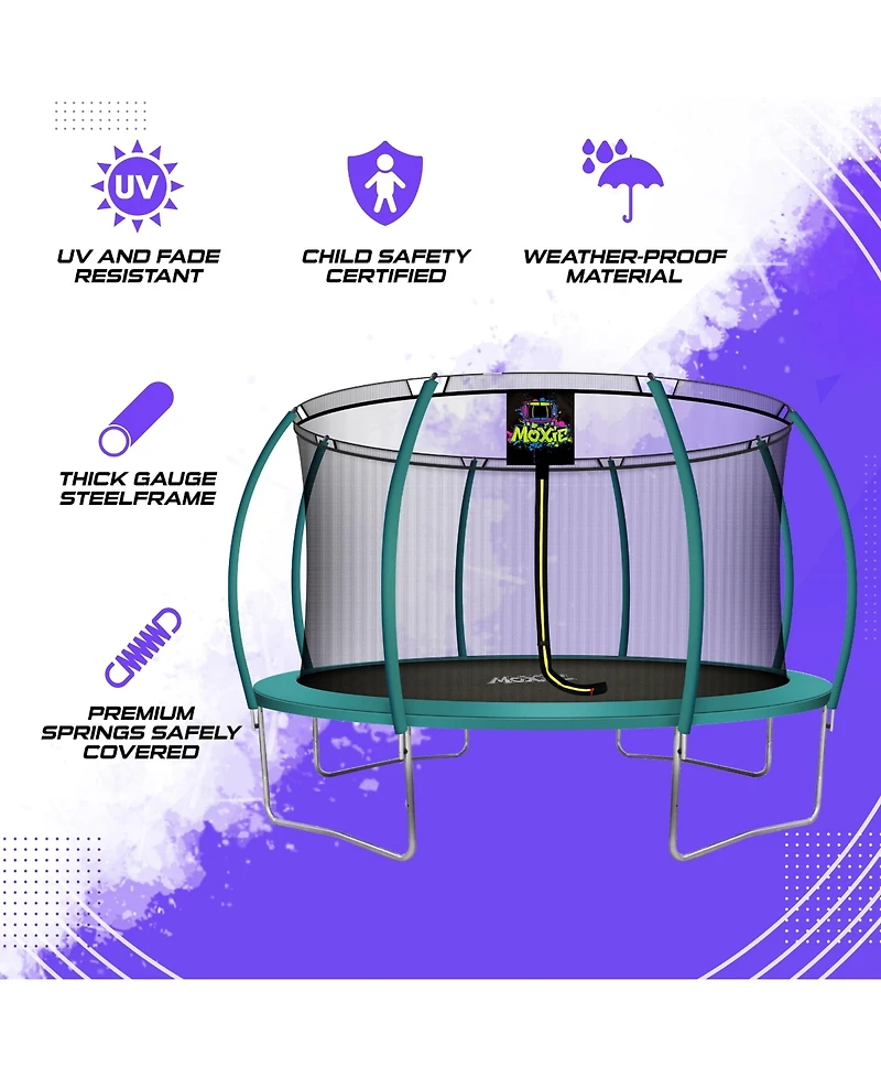 Plexalife Pumpkin-Shaped Outdoor Trampoline Set with Premium Top-Ring Frame Safety Enclosure, 14 Ft - Dark Green