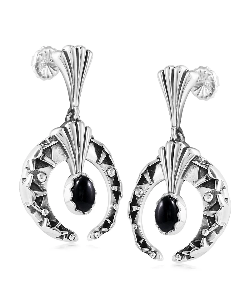 American West Jewelry Sterling Silver Black Agate Fritz Casuse Oval Gemstone Naja Earrings
