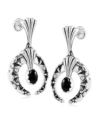 American West Jewelry Sterling Silver Black Agate Fritz Casuse Oval Gemstone Naja Earrings