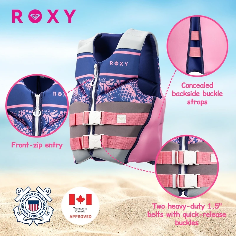 Roxy Youth Life Vest, Uscg Approved Evoprene Daily Cga Life Jacket, for Girls 55-88 lbs