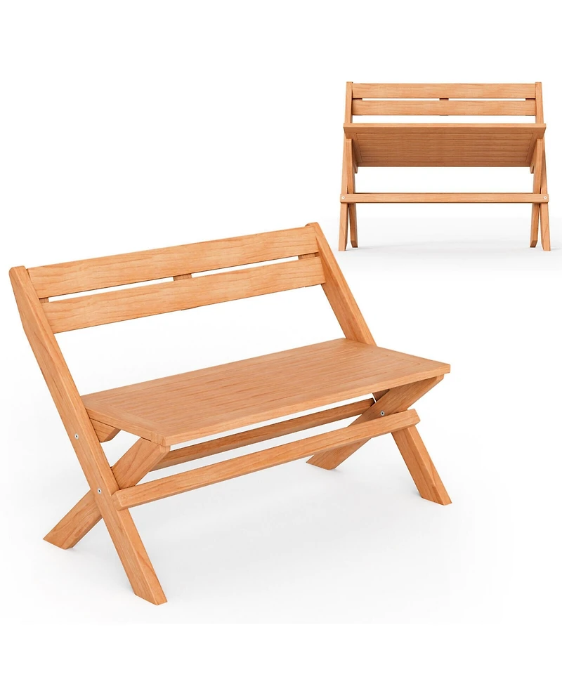 Gymax Indonesia Teak Wood Outdoor Bench Folding 2-Person Patio Garden Bench Loveseat