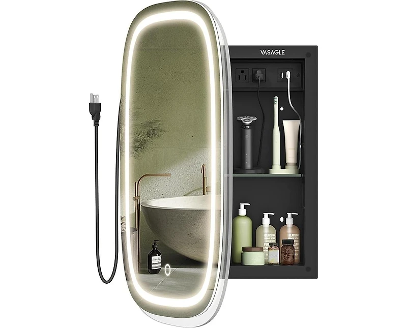 Songmics Home Wall-Mounted Bathroom Cabinet with Lighted Mirror and Charge Station, Black