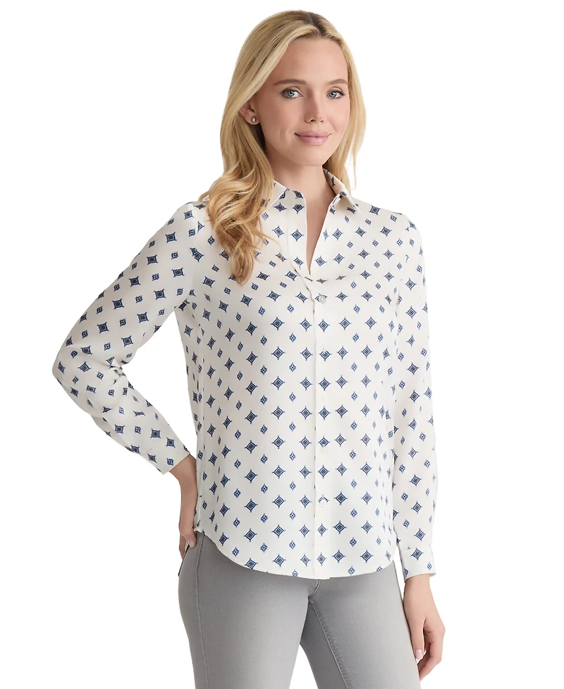 Jones New York Women's Printed Button-Down Long-Sleeve Utility Blouse