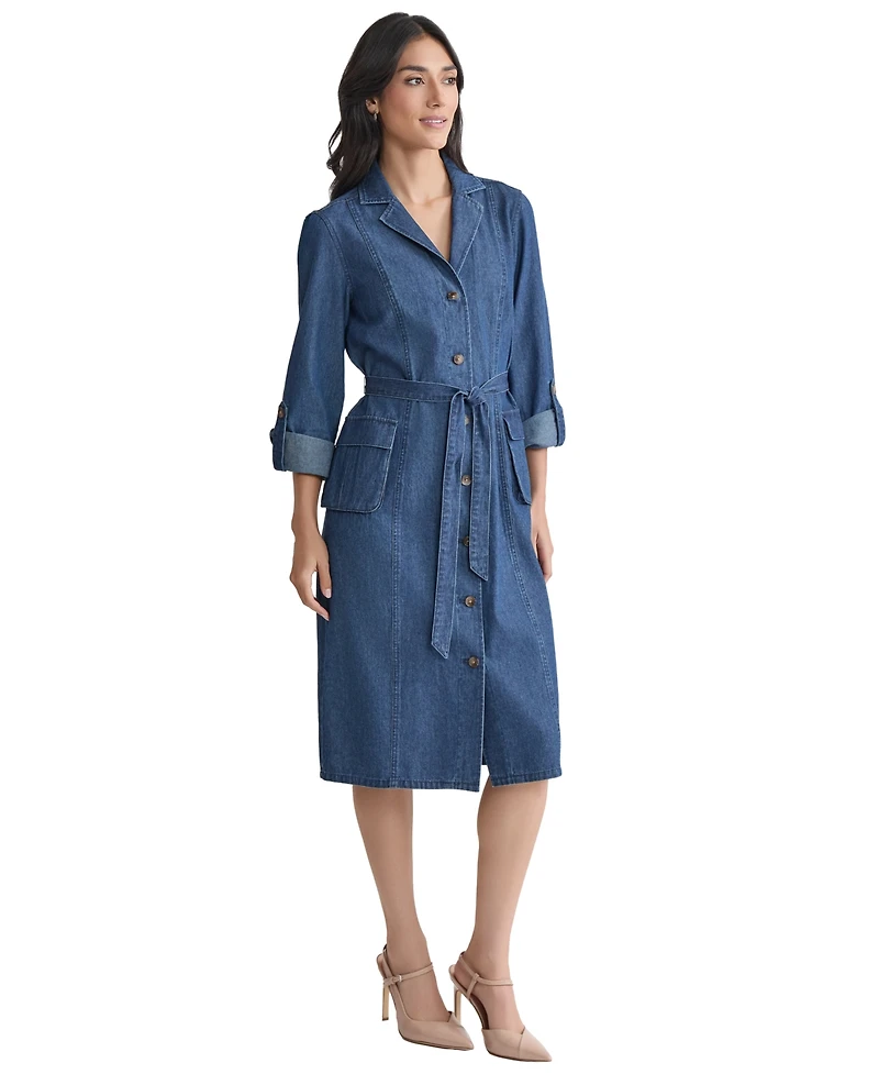 Jones New York Women's Belted Button-Down Cotton Collared Denim Dress