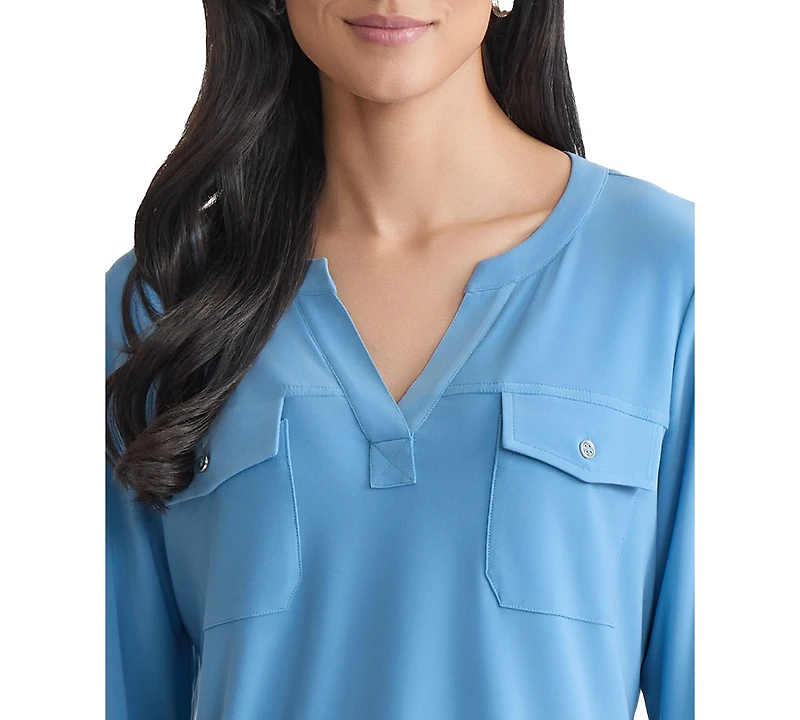 Jones New York Women's Solid 3/4-Sleeve Flap-Pocket Knit Top