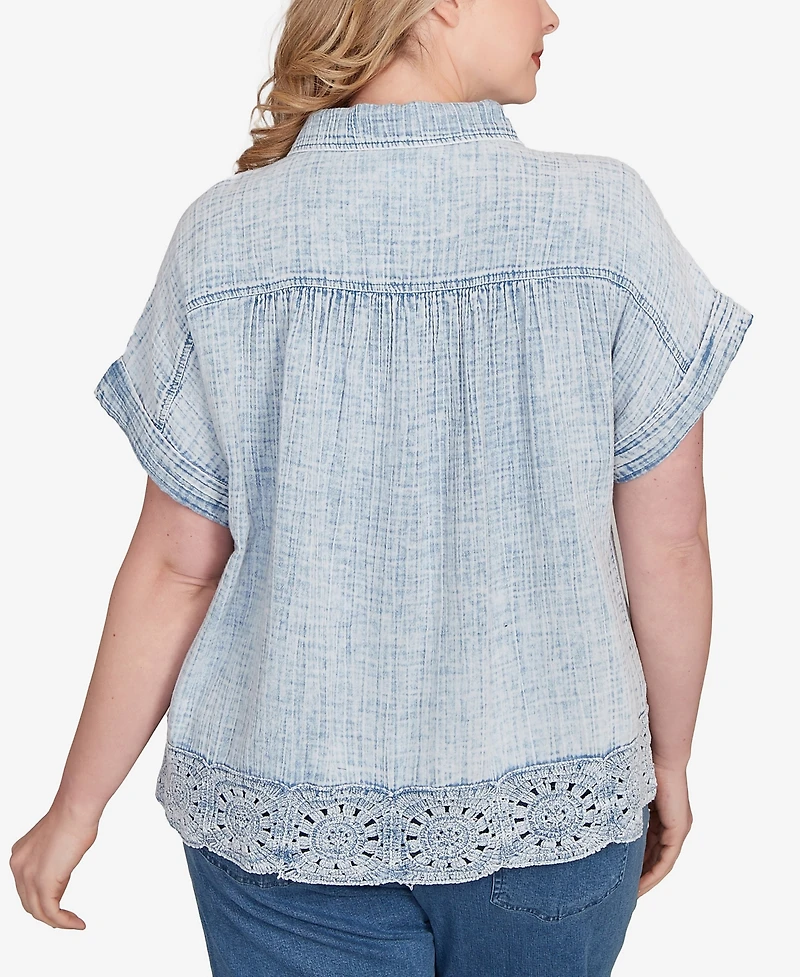 Ruby Rd. Plus Snow Washed Crochet Hem Collared Shirt
