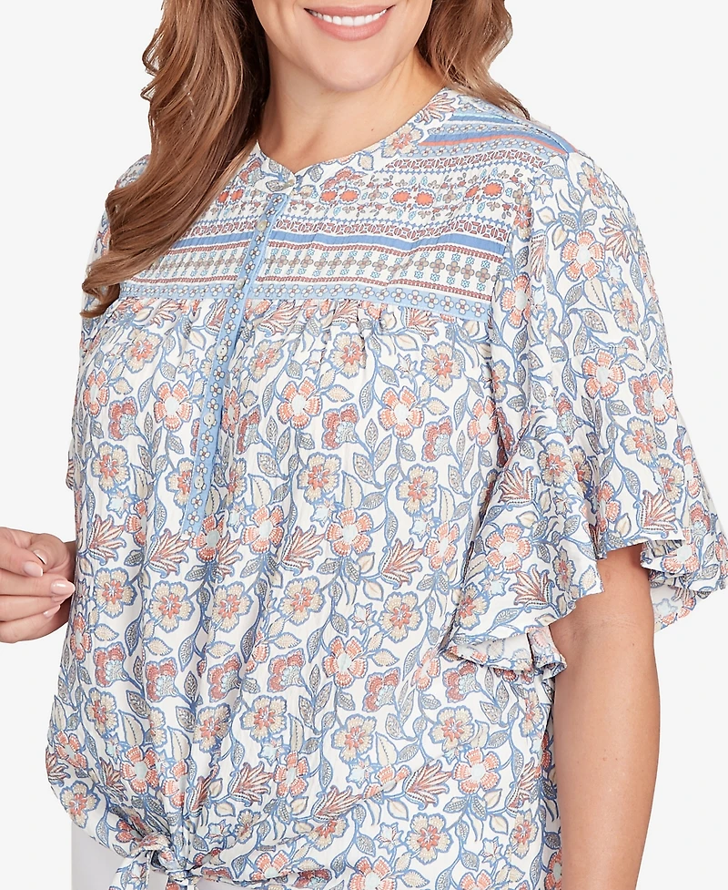Ruby Rd. Plus Vintage Floral Tie Front Henley Top