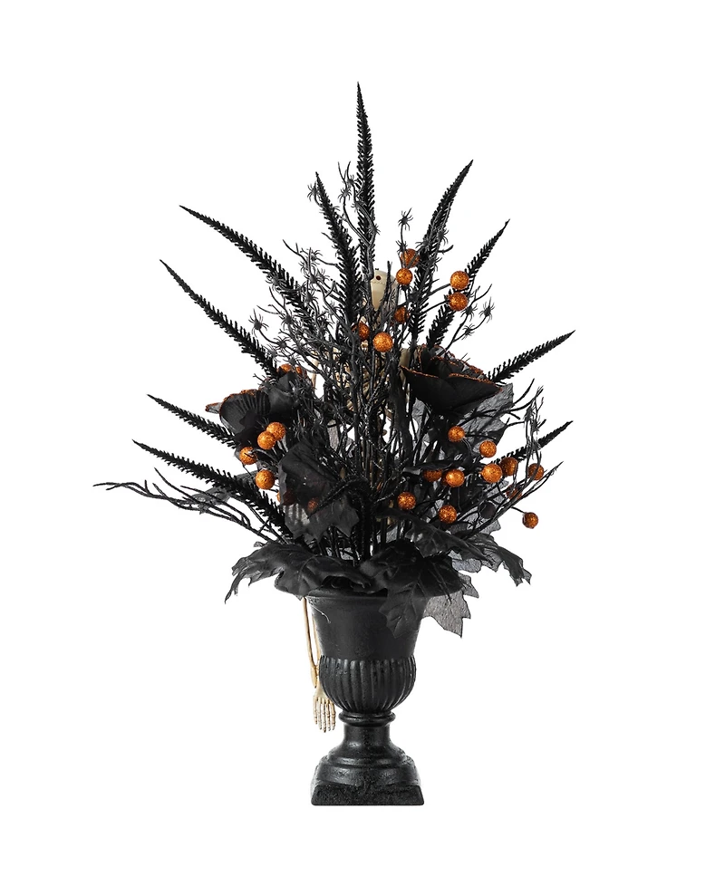 Glitzhome 22" Halloween Black Rose, Skeleton and Berry Urn Table Tree