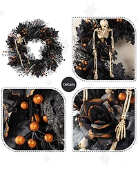 Glitzhome 7" Halloween Black Rose, Skeleton and Berry Wreath Hanger