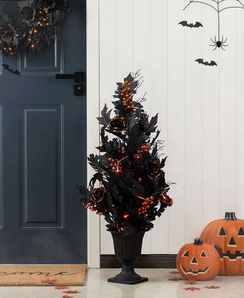 Glitzhome 36" Halloween Lighted Black Rose with Orange Glitter Urn Porch Tree with Timer