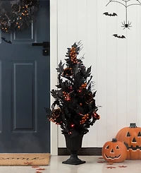 Glitzhome 36" Halloween Lighted Black Rose with Orange Glitter Urn Porch Tree with Timer