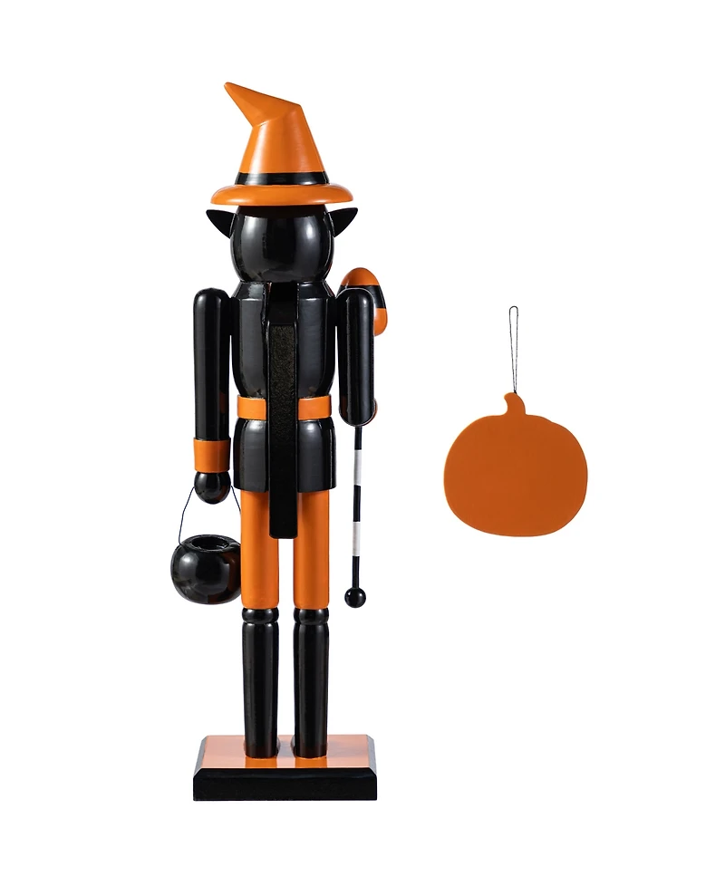 Glitzhome Halloween Wooden Black Cat Nutcracker with Pumpkin Ornament, Set of 2