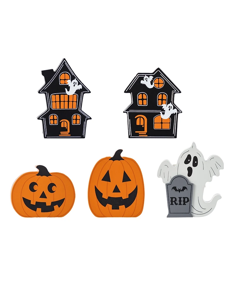 Glitzhome Halloween Wooden Haunted House and Pumpkin Ghost Table Block, Set of 5