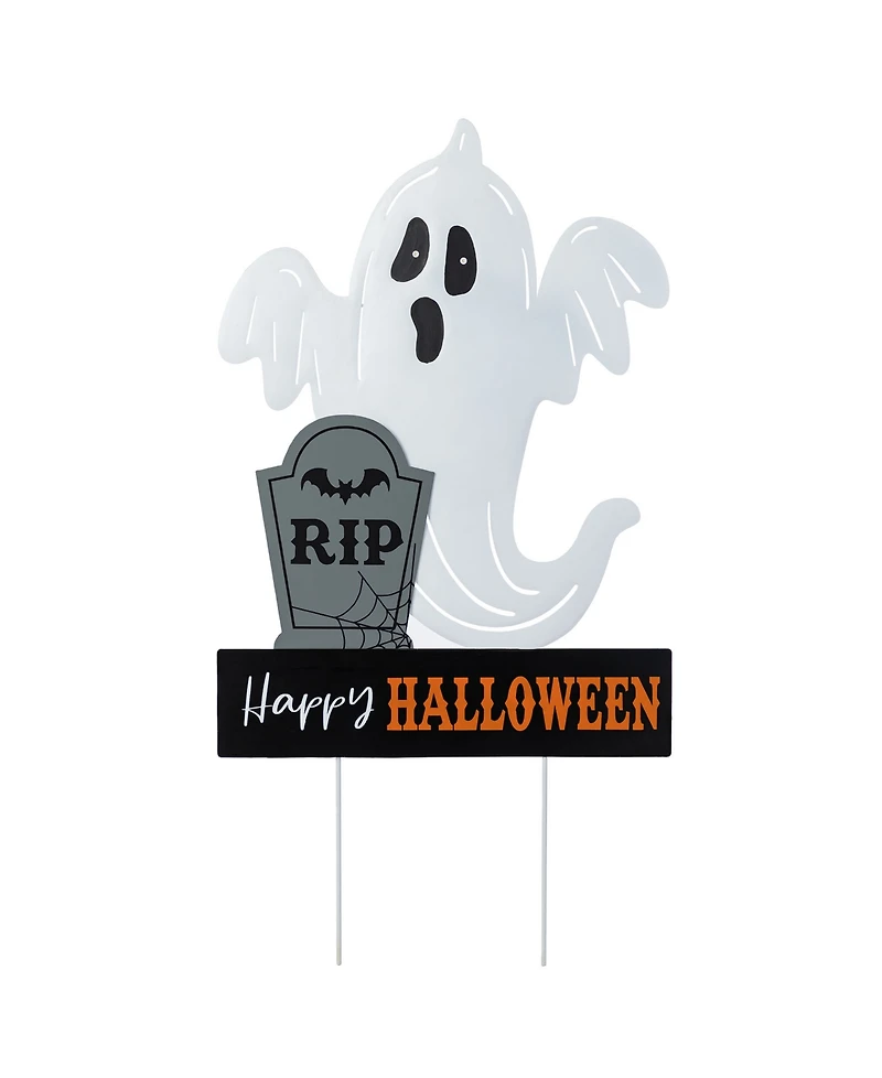 Glitzhome 32.25" Lighted Halloween Metal Ghost Tombstone Yard Stake with Timer