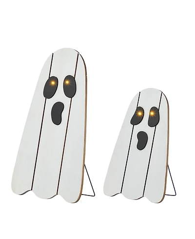 Glitzhome Halloween Lighted Wooden White Ghost Porch Decor with Timer, Set of 2