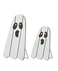 Glitzhome Halloween Lighted Wooden White Ghost Porch Decor with Timer, Set of 2