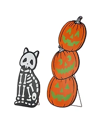 Glitzhome Halloween Wooden Skeleton Cat and Stacked Pumpkin Porch Decor, Set of 2